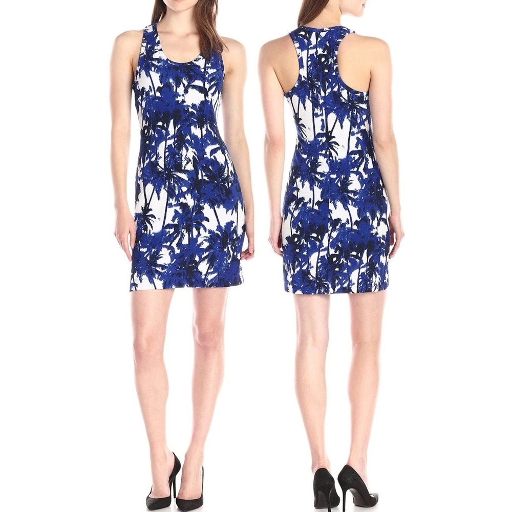 Tropical Blue White Palm Tree Print Racerback 90s Dress Large Resortwear Coastal